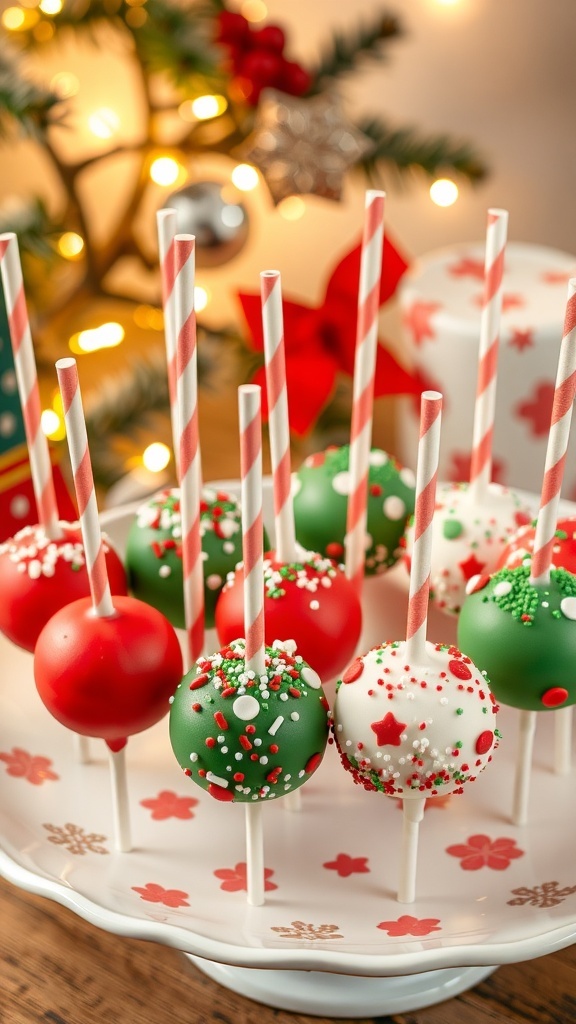 Festive Christmas Cake Pops Recipe Colorful Christmas cake pops on a platter, decorated with sprinkles, in a festive holiday setting.